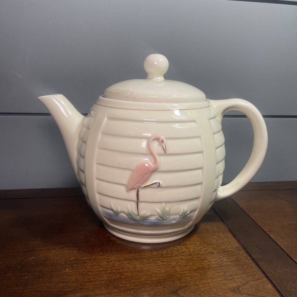 VTG MCM 40's pink FLAMINGO teapot Porcelier Vitreous Hand Painted China Rare